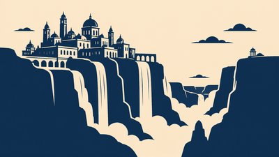 a cliffside city with waterfalls cascading into a misty canyon, wide establishing shot, no people, no text