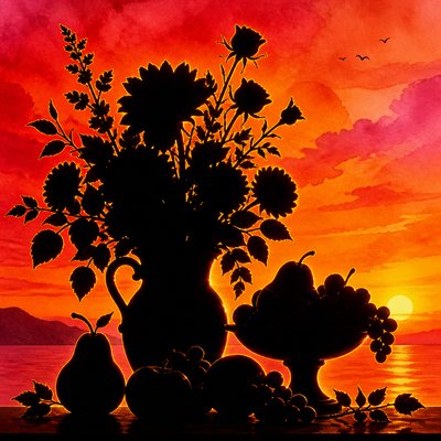 still life arrangement of fruits and flowers