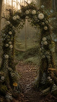 an arch of white roses and eucalyptus in soft morning light, elegant vertical composition with open space, no text
