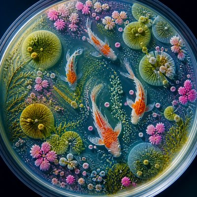 A koi pond seen from above, orange and white koi fish swimming among lily pads, clear water with subtle ripples, fallen cherry blossom petals floating on the surface, dappled sunlight