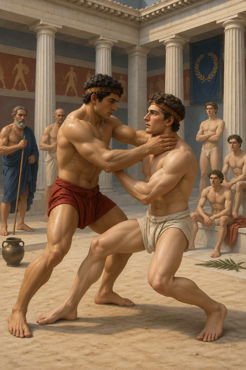 a painting of two men wrestling in front of a group of men