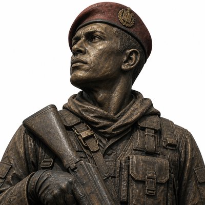 A medium-close up shot, from the chest up, of the bronze sculpture of the Bolivarian soldier with a red beret, exactly as seen in image_1.png. The soldier has a stoic facial expression and is looking upwards and to the left. He is wearing a full field uniform, a detailed tactical vest with multiple pouches and straps, a loose scarf or neckerchief, and a black work glove on his right hand, which is gripping the rifle stock. The red beret has a gold insignia on the side. The lighting highlights the texture of the dark bronze, with subtle reflections. Isolated against a pure white studio background.