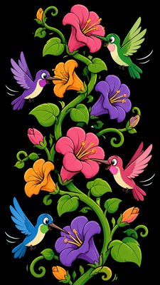 a climbing vine of flowers and hummingbirds on a dark background, tall wrapping composition, no text
