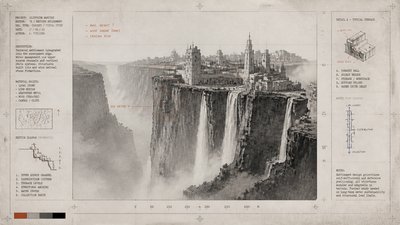 a cliffside city with waterfalls cascading into a misty canyon, wide establishing shot, no people, no text