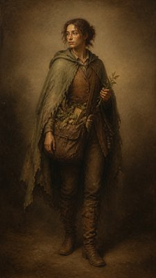 full-body original character: a wandering botanist with a satchel of plants, a patched green cloak, tall boots and round glasses, neutral background