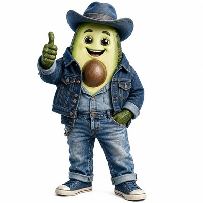 a happy avocado character giving a thumbs up, bold readable design on a plain background, no text