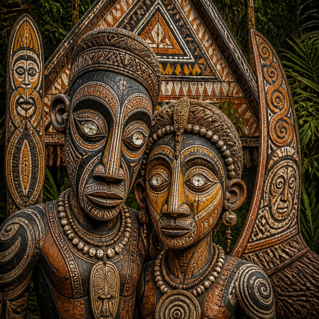 portrait of two people together — Papua New Guinea Art Style