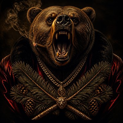 a roaring bear head above crossed pine branches, bold graphic composition on a plain background, no text