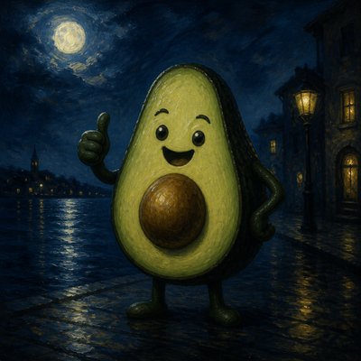a happy avocado character giving a thumbs up, bold readable design on a plain background, no text