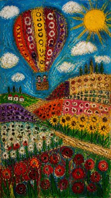 a hot air balloon drifting over rolling flower fields on a sunny day, cheerful, no text