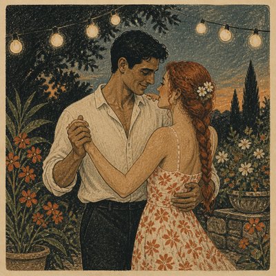 an original couple dancing under string lights in a garden at dusk: a man with short black hair in a linen shirt and a woman with braided red hair in a summer dress