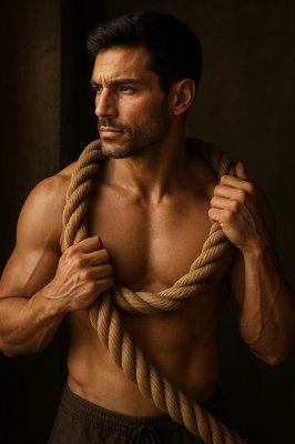 a shirtless man holding a rope around his neck