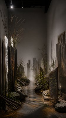 a mysterious forest path with fireflies and drifting mist, atmospheric vertical composition with open space at the top, no text