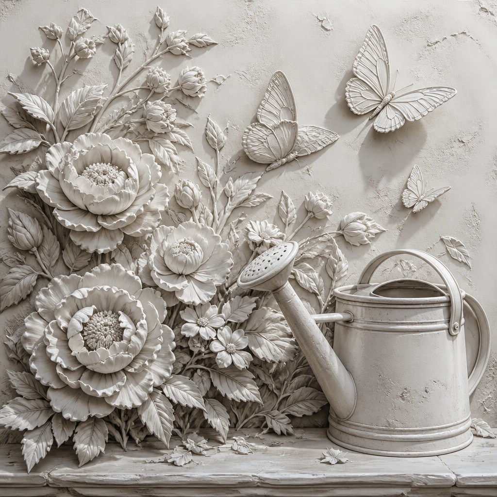 a garden scene with butterflies, flowers and a watering can, clean uncolored line art, no text