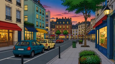 city street panorama at dusk with parked cars, lit shop windows and empty sidewalks, no people