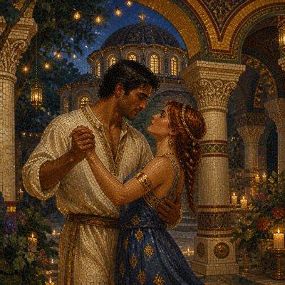 an original couple dancing under string lights in a garden at dusk: a man with short black hair in a linen shirt and a woman with braided red hair in a summer dress