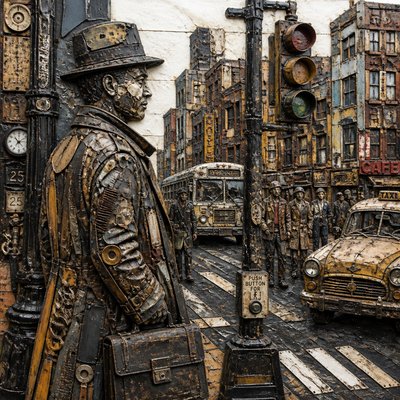 urban street with city activity — Found Object Art Style
