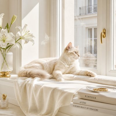 a cat lounging in a sunlit window