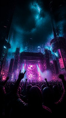 a live music scene with a glowing stage and silhouetted crowd, energetic vertical composition with open space at the top, no text