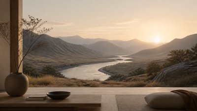 a vast valley with a river winding toward distant mountains at sunrise, no people, no text