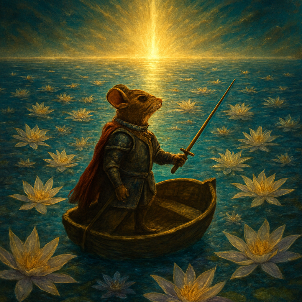 A magical, high-fantasy illustration capturing the final scene of Reepicheep's journey from C.S. Lewis's The Voyage of the Dawn Treader. A very small, simple, wooden coracle (boat) is drifting alone across the vast, calm, crystalline waters of the Silver Sea, which is covered in a dense carpet of large, creamy-white and luminous purple sea flowers (lilies or star-shaped blossoms).
The noble Mouse, Reepicheep, stands bravely in the little boat. He is wearing his formal armor and sword, and his tiny sail is lowered. He is looking ahead with an expression of hope and determination toward the far, shimmering horizon where the sky and sea meet the edge of the world, represented by a column or curtain of bright, clear light. The lighting is ethereal and soft, emphasizing the profound stillness and peacefulness of the scene. The overall style should be reminiscent of classic book illustrations, rich in detail, color, and wonder. Golden light of Aethel-red, epic atmosphere, fantasy illustration."