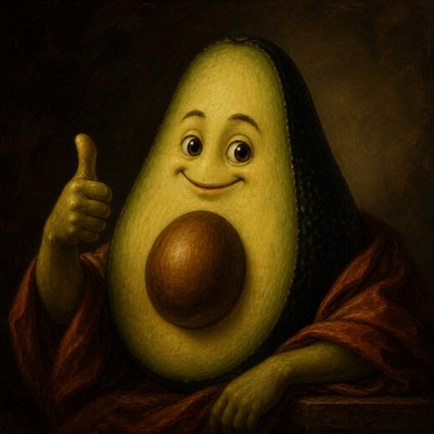 a happy avocado character giving a thumbs up, bold readable design on a plain background, no text
