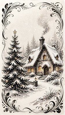 a snow-covered cottage with warm glowing windows beside a decorated pine tree, gentle snowfall, no text