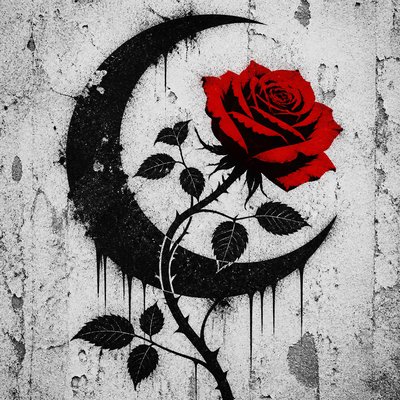 a rose entwined with a crescent moon, clean balanced composition on a plain background, no text