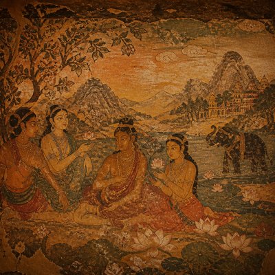 wide landscape with natural scenery — Ancient Indian Mural Art Style