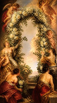 an arch of white roses and eucalyptus in soft morning light, elegant vertical composition with open space, no text