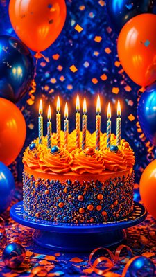 a birthday cake with lit candles surrounded by balloons and confetti, festive vertical composition, no text