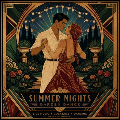 an original couple dancing under string lights in a garden at dusk: a man with short black hair in a linen shirt and a woman with braided red hair in a summer dress