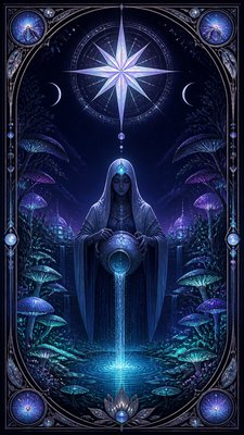 a robed figure pouring water beneath a large eight-pointed star in a night sky, symmetrical composition with an ornate decorative border, no text
