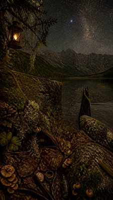 a tranquil mountain lake beneath a starry night sky, no people, no text