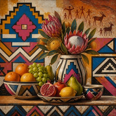 still life arrangement of fruits and flowers