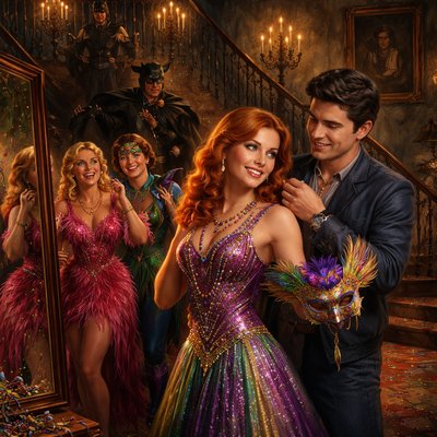 Atmospheric interior scene from Nancy Drew book #81 The Mardi Gras Mystery, set inside the grand, dimly lit Seaton Mansion nicknamed 'Bat Hollow' in New Orleans during Mardi Gras. Teenage detective Nancy Drew with her classic reddish-blonde hair, blue eyes, and determined smile, trying on an elegant masquerade costume—perhaps a sparkling gown with purple, green, and gold accents, feathered mask in hand, beads around her neck. Her friends Bess (blonde, bubbly, in a glamorous pink feathered outfit) and George (short dark hair, athletic, in a fun jester or adventurous costume) are nearby, laughing and adjusting outfits in front of a large antique mirror. Ned Nickerson helps Nancy with a clasp, smiling. In the background: Brian Seaton and his father Bartholomew in partial bat-themed costumes (capes, masks with bat ears/wings), an old grand staircase with wrought-iron details, flickering candlelight or chandeliers casting shadows, antique furniture, a framed portrait on the wall hinting at the stolen painting mystery, Mardi Gras beads and confetti scattered around. Moody yet festive lighting—warm glows against dark wood paneling and high ceilings—evoking a haunted Southern mansion vibe mixed with holiday excitement. 1980s Nancy Drew book illustration style, adventurous, detailed costumes, cinematic composition, vibrant colors popping against gothic shadows

