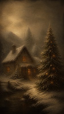 a snow-covered cottage with warm glowing windows beside a decorated pine tree, gentle snowfall, no text