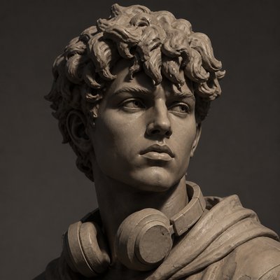 head-and-shoulders portrait of an original character: a young man with curly dark hair and headphones around his neck, plain backdrop, no text