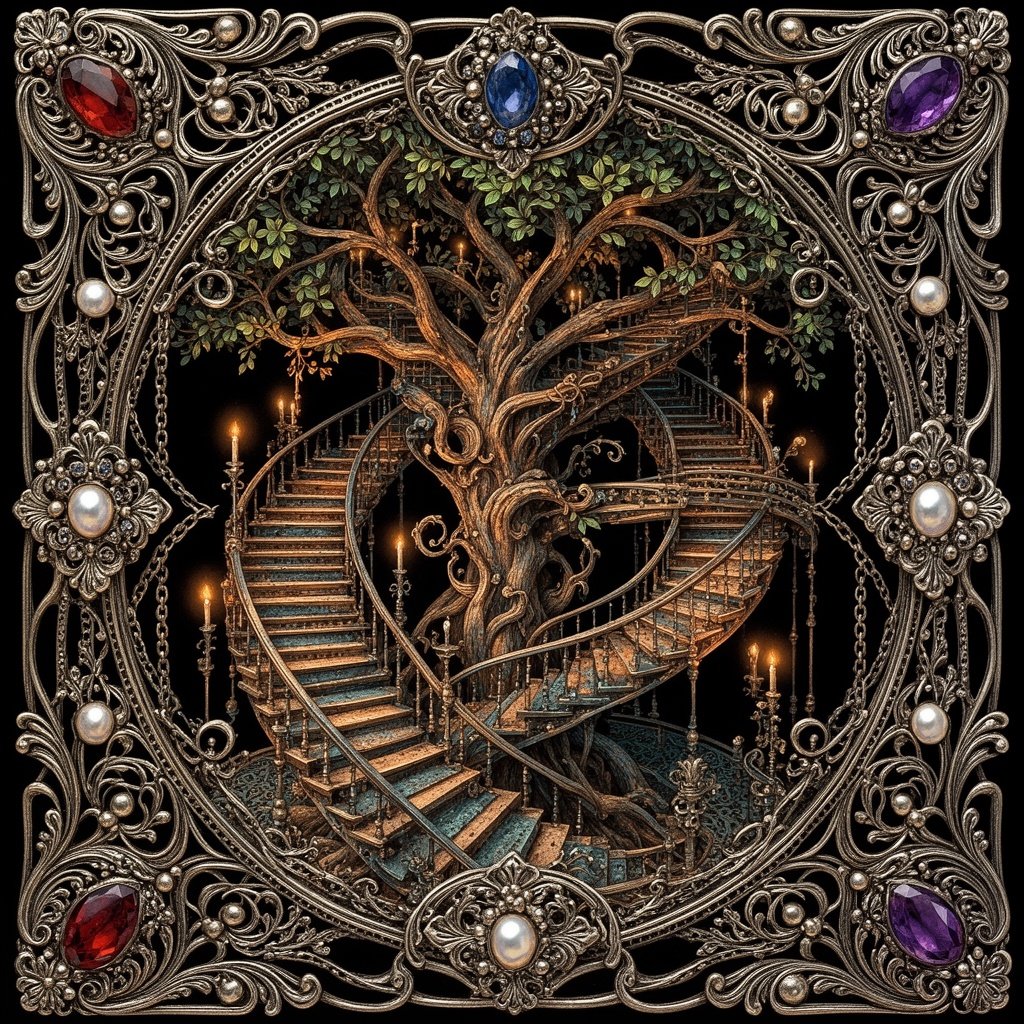 in the style of M.C. Escher, an array of endless staircases of impossible loops and bi-directional pathways, spiraling through a giant tree, Cinematic vibrant reflective jewel-toned colors, black background