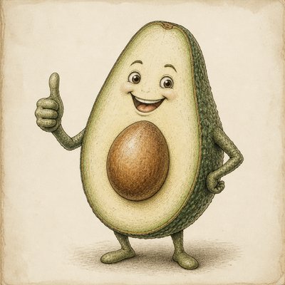 a happy avocado character giving a thumbs up, bold readable design on a plain background, no text