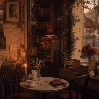 cozy cafe interior with warm lighting