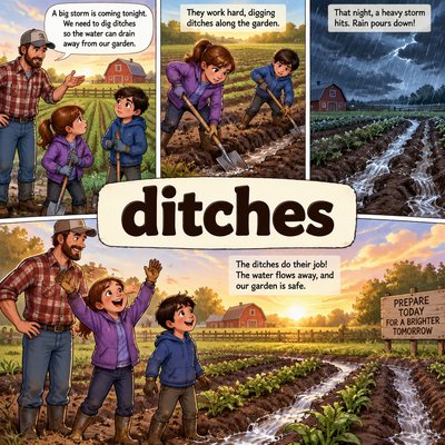 Please create a narrative for the spelling word "ditches". Please prominently display the word.