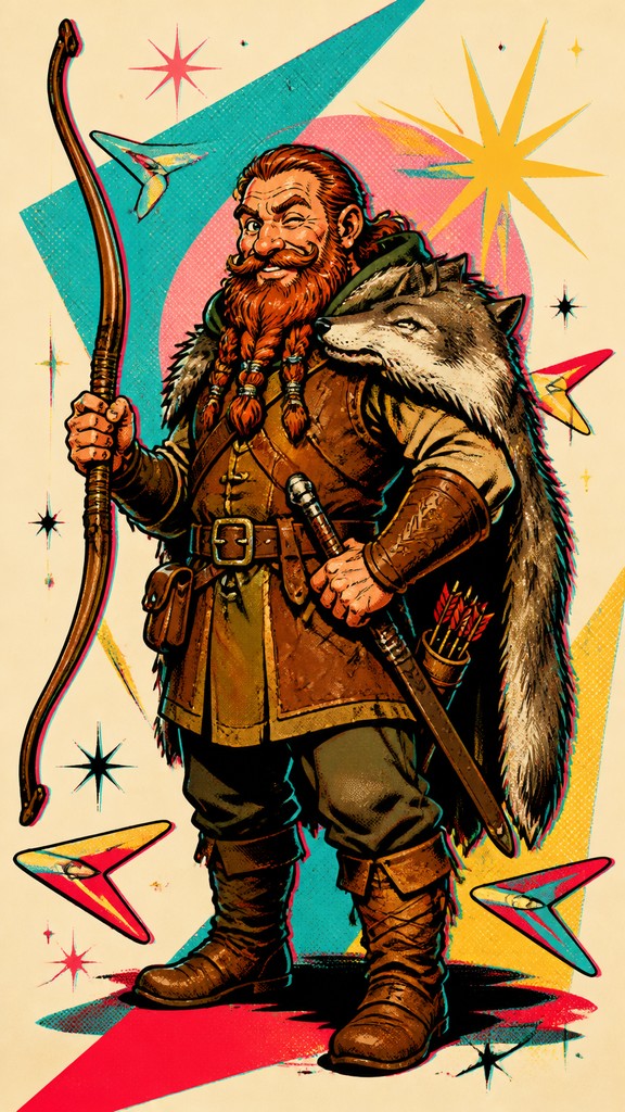 full-body original character: a dwarven ranger with a braided auburn beard, worn leather armor, a longbow and a wolf-pelt cloak, neutral background, no text