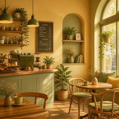 cozy cafe interior with warm lighting