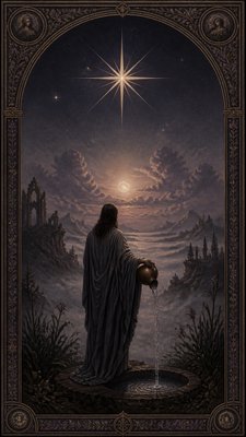 a robed figure pouring water beneath a large eight-pointed star in a night sky, symmetrical composition with an ornate decorative border, no text
