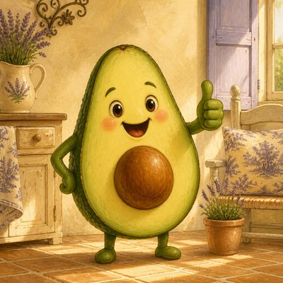 a happy avocado character giving a thumbs up, bold readable design on a plain background, no text