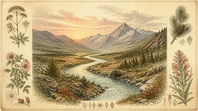 a vast valley with a river winding toward distant mountains at sunrise, no people, no text
