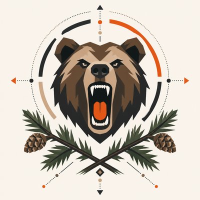 a roaring bear head above crossed pine branches, bold graphic composition on a plain background, no text