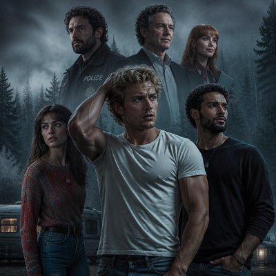Ok tu me fait 7 personnages de roman , on va commencer avec un homme dans la trentaine tres beau il est blond, il passe sa main dans ses cheveux, on voit le biceps il est en T-shirt avec un jean à côté de lui, il se trouve un autre mec métisse hyper séduisant a sa gauche , lui aussi décontracté. Ensuite, je veux qu’à droite tu me dessines une femme dans la vingtaine, très magnifique aussi brune, habillé un peu en mode pull color jean elle a genre un collier etc. Tres yong adulte en hauteur derrière eux. Donc pas vraiment genre sur le sol, c’est plus une image de tous les persos comme un roman un policier dans les 30 ans, et alors là je veux que tu m’écoutes un autre homme à peu près la cinquantaine, les cheveux noirs un peu gris bouclé, sur les côtés, il a pas de lunettes il est en chemise, on dirait un peu un maire de la ville un daddy pas de barbe, pas de moustache. Il a l’air pas gros, mais pas maigre. Juste un air de Daddy. Et enfin un troisième personnage, une femme dans la trentaine quarantaine avec une frange qui a l’air d’être un peu secrétaire ou je sais pas quoi elle est rousse. Une ambiance assez froide avec un brouillard glaçant autour de une forêt, un caravane je sais pas une ambiance vraiment inquiétante et vraiment je veux une ambiance comme si on parlait d’un roman genre les trois personnes en haut, ils sont petits enfin ils sont représentés en plus petit que les trois les mais ils sont genre en haut, tu vois genre, on voit pas leurs gens et etc. comme une affiche en gros ils sont pas genre sur une montagne les trois premiers personnages, ils sont vraiment sur le sol quoi genre, on voit pas le sol, mais on voit qu’ils sont les uns derrière les autres la fille à gauche le mec noir à droite le blond devant il regarde tous faire un point fixe comme si il courait ou je sais pas le policier, je veux qu’il soit pas comme les autres, genre un policier avec une barbe, les cheveux noirs mais le mien, je ne veux en aucun cas qu’il est les cheveux gris, j’ai bien dit les cheveux noirs assez milong bouclé