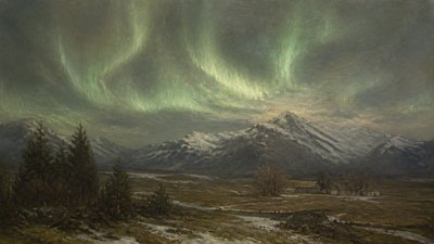 a flowing aurora over snowy peaks, wide sweeping composition, no people, no text